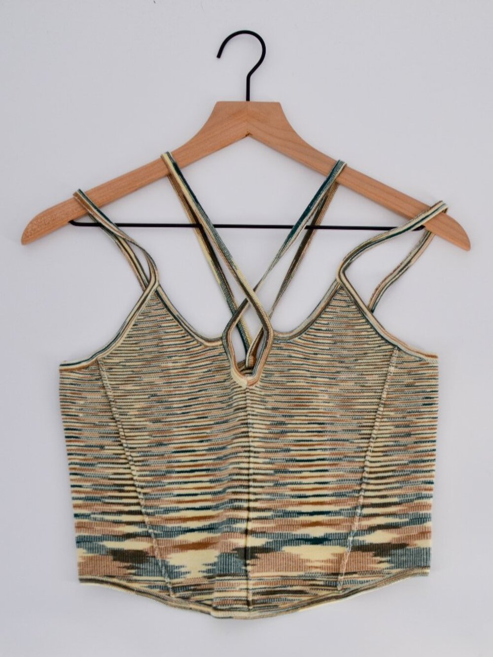 Anthropologie Striped Knit Crisscross Strap Crop Top Cream Green Brown S - Picture 2 of 7